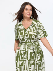Geometric Print Pockets Collared Midi Dress