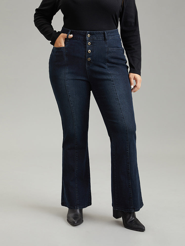 Flare Leg Button Fly Seam Detail Moderately Stretchy Jeans
