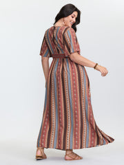 Boho Striped Print Cinched-Waist Maxi Dress