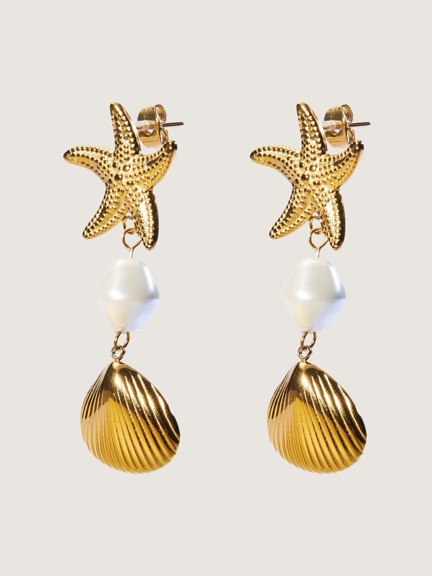 Gold Starfish & Shell Drop Earrings