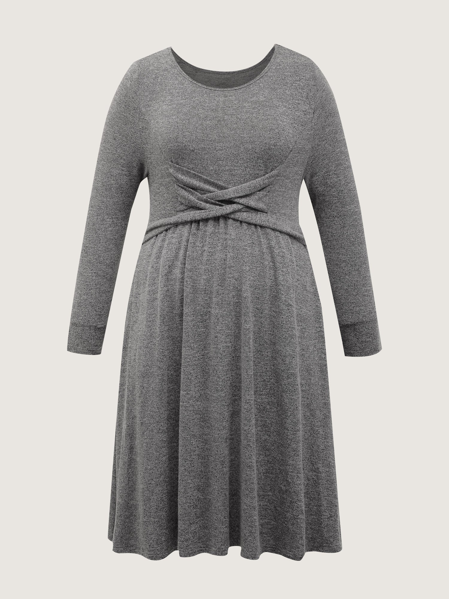 Crossover Waist-Defining Round Neck Midi Dress