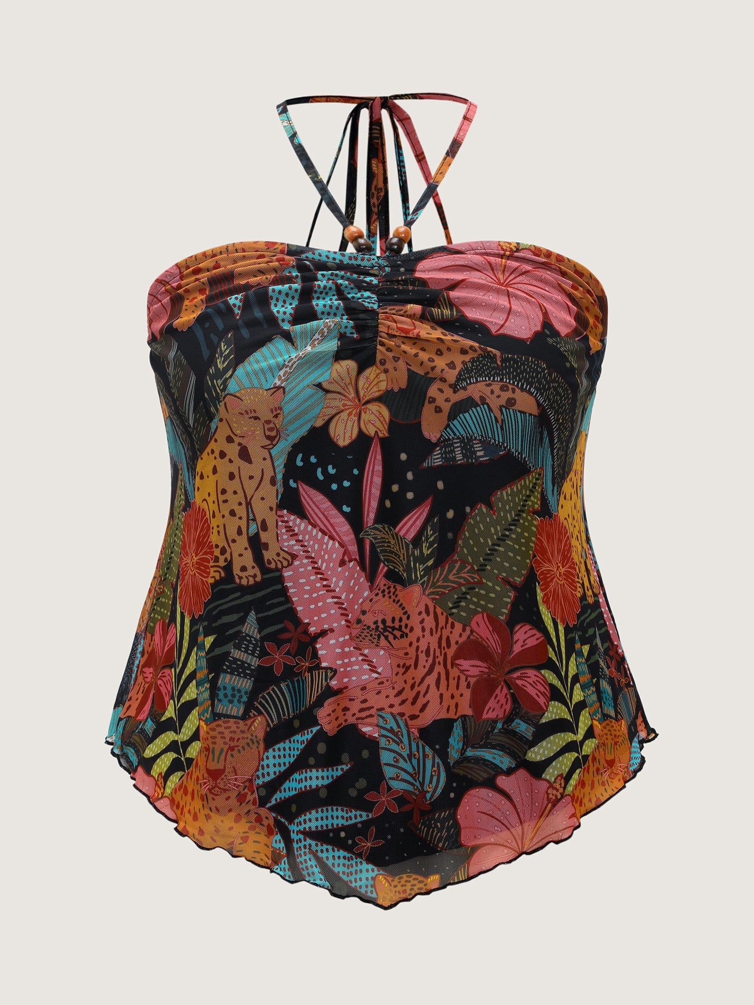 Stretchy Tropical Print Neck-Tie Jersey Top