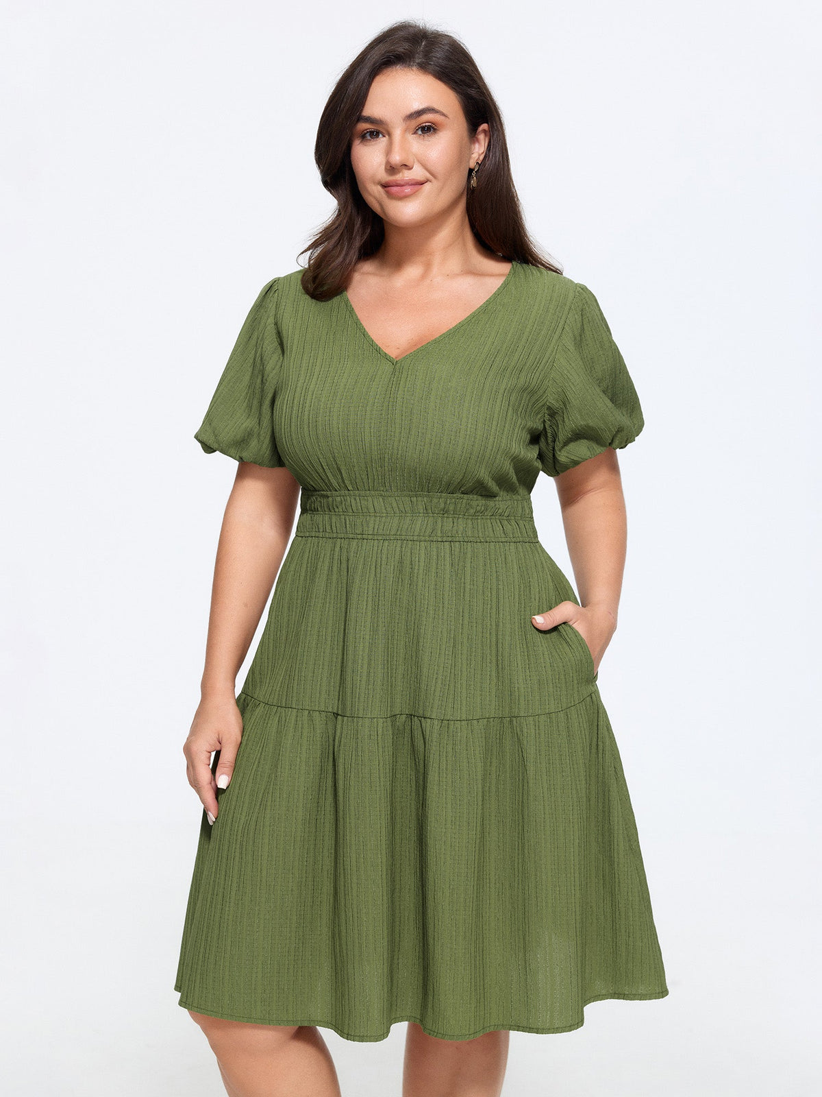 Textured Shirred Waist Tiered Mini Dress