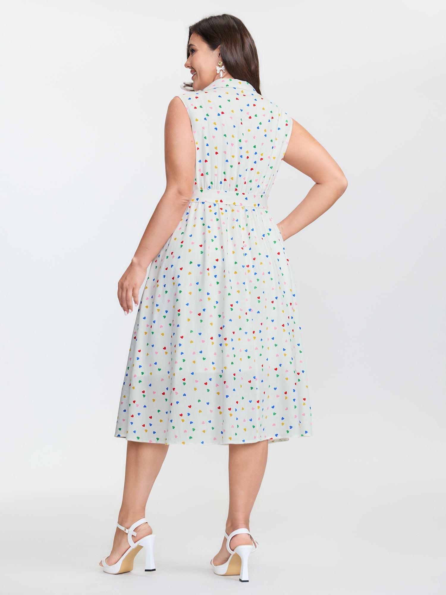 Cotton Colorful Heart Print Belted Midi Dress