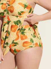 Orange Print Pockets Cut-Out Swim Dress