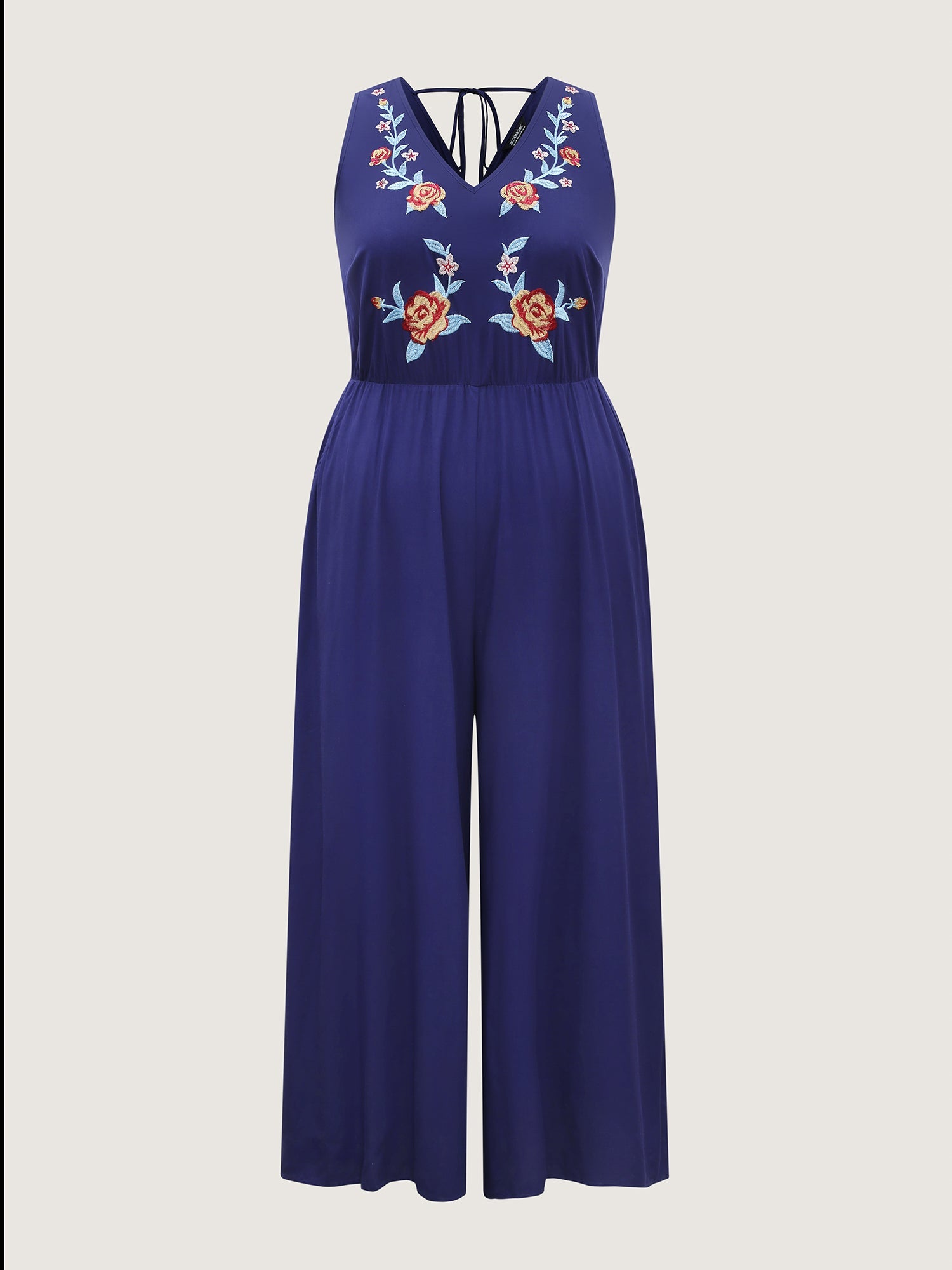 Rayon Floral Embroidery Stretchy Waist Jumpsuit