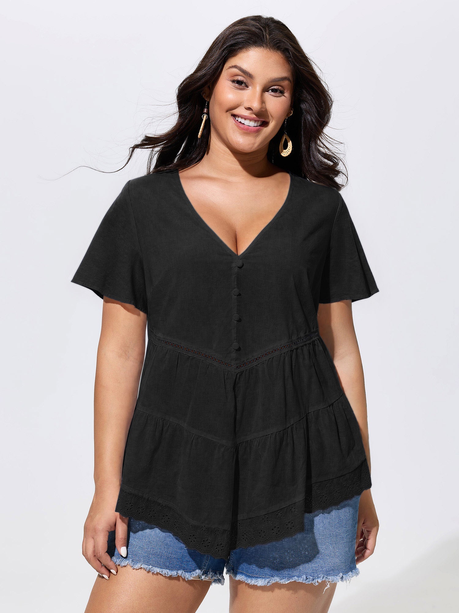 Cotton V-Neck Tiered Plain Blouse