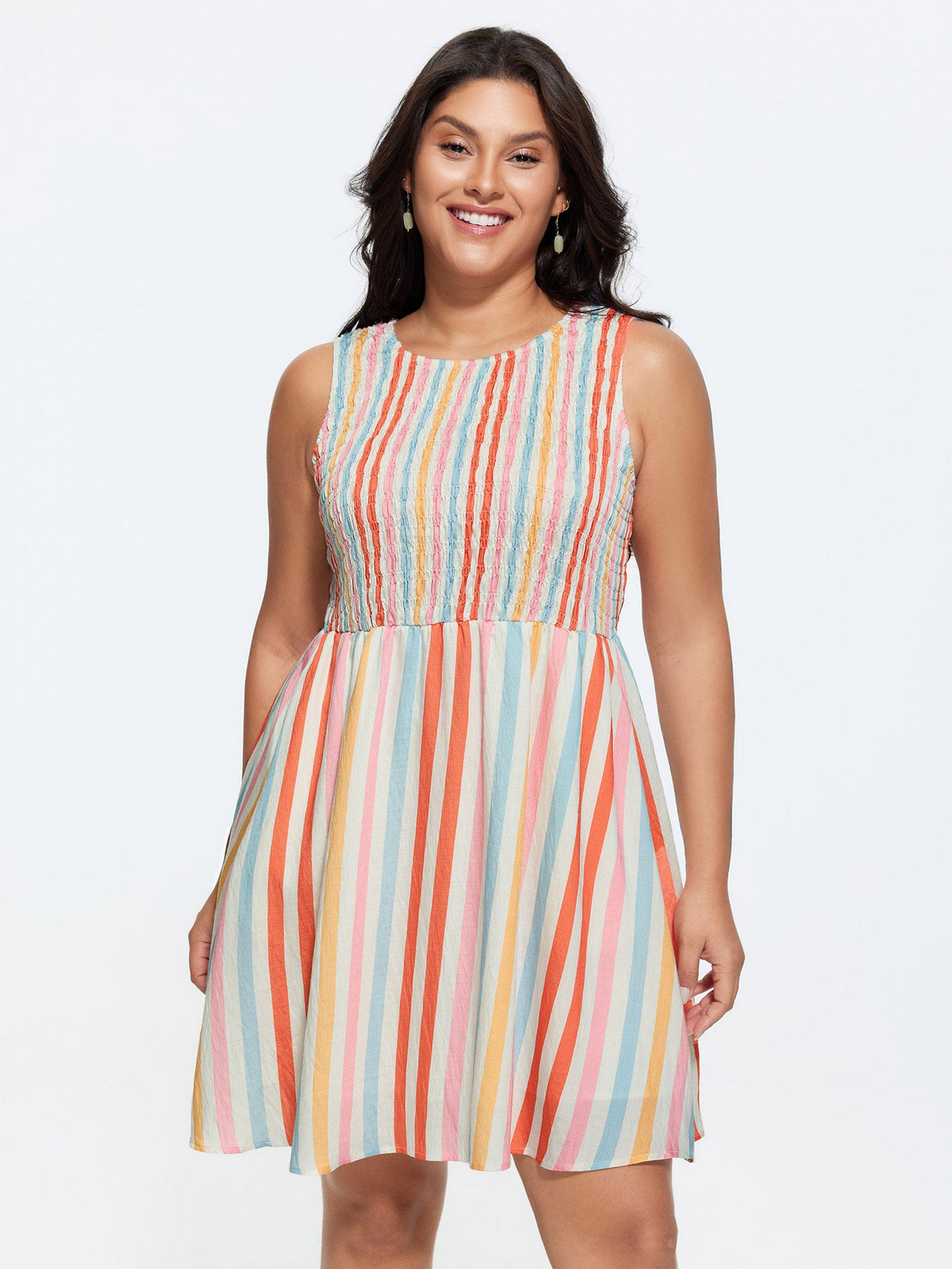 Colorful Striped Print Shirred Mini Dress