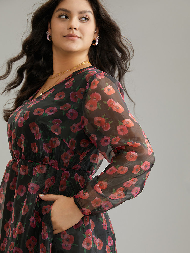 Floral Mesh Elastic Waist Lantern Sleeve Dress