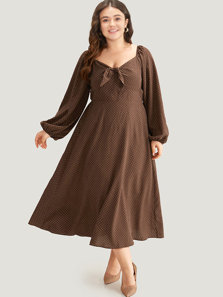 Polka Dot Knot Neck Lantern Sleeve Dress