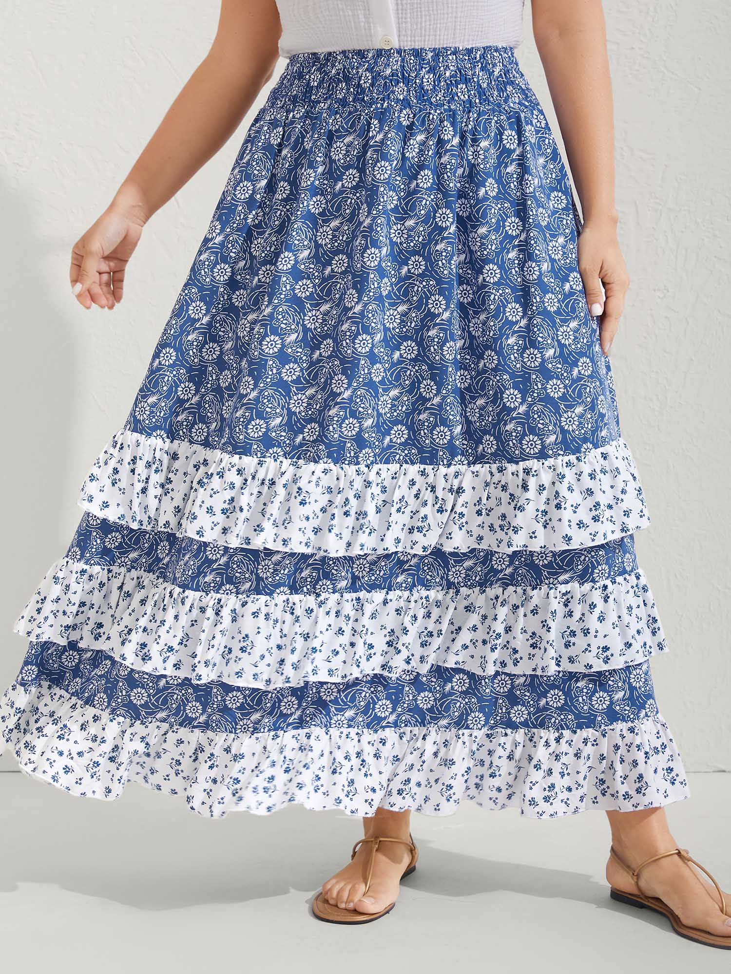 Floral Patchwork Tiered Maxi Skirt