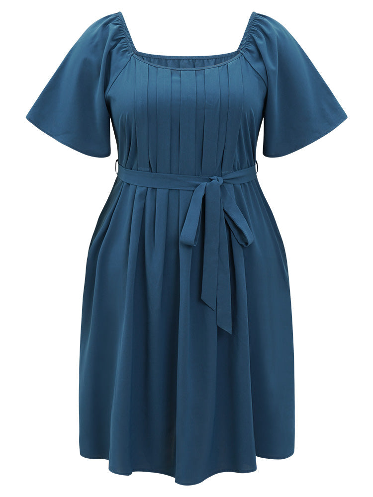 Plain Pocket Belted Pleated Raglan Sleeve Dress