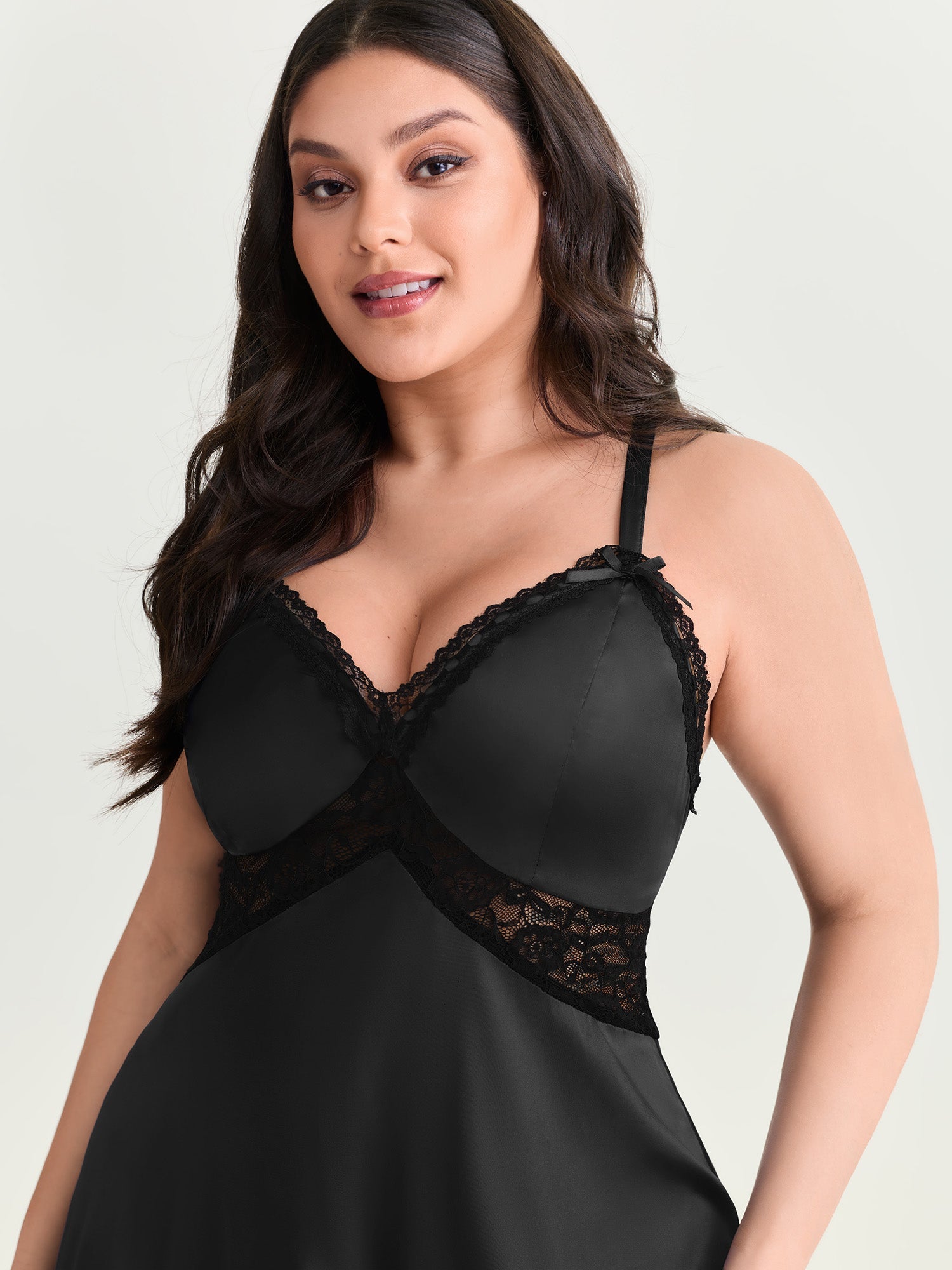 Satin Lace Trim Plunging Neckline Nightgown