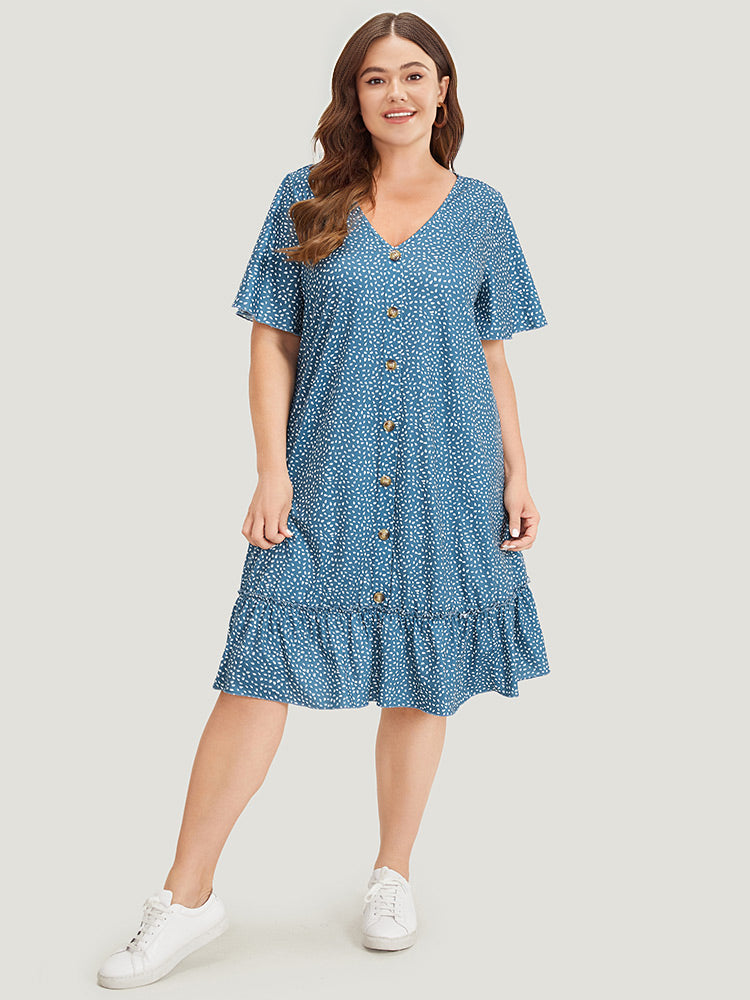 Water Drop Print Button Detail Ruffled Dress