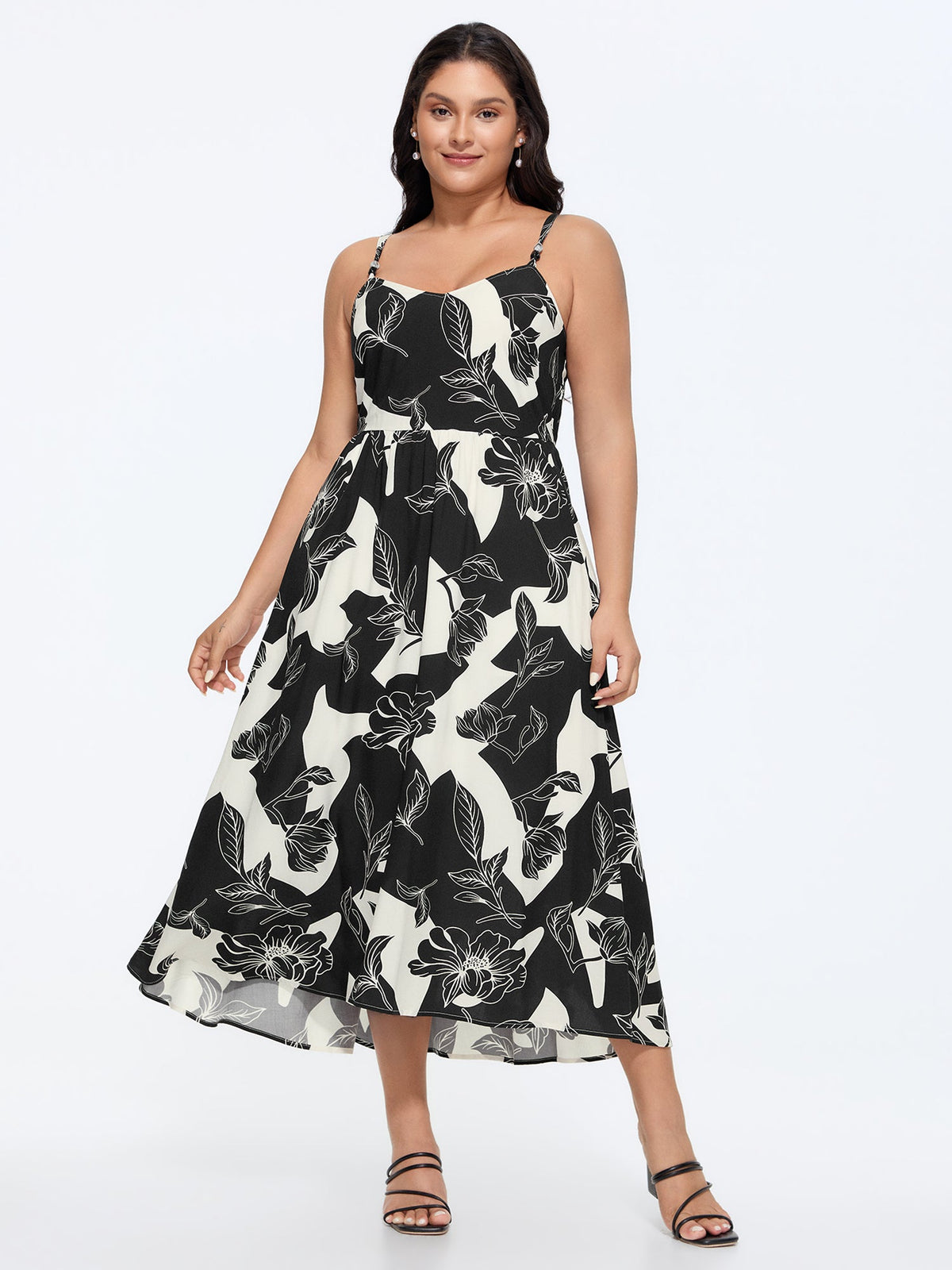 Floral Print Beaded Cami Flowy-Fit Midi Dress