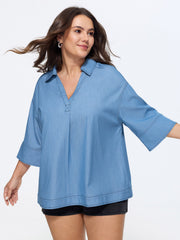 Pleated Relaxed-Fit Plain Faux Denim Blouse