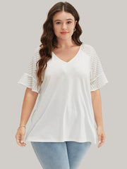 Plain Geometric Mesh Raglan Sleeve Ruffle Trim T-shirt