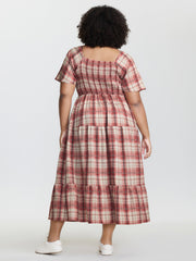 Plaid Flutter Sleeve Button Tiered Midi Dress