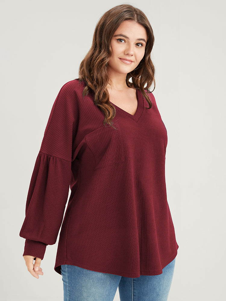 Solid Drop Shoulder Pocket Arc Hem Rib Knit Sweatshirt
