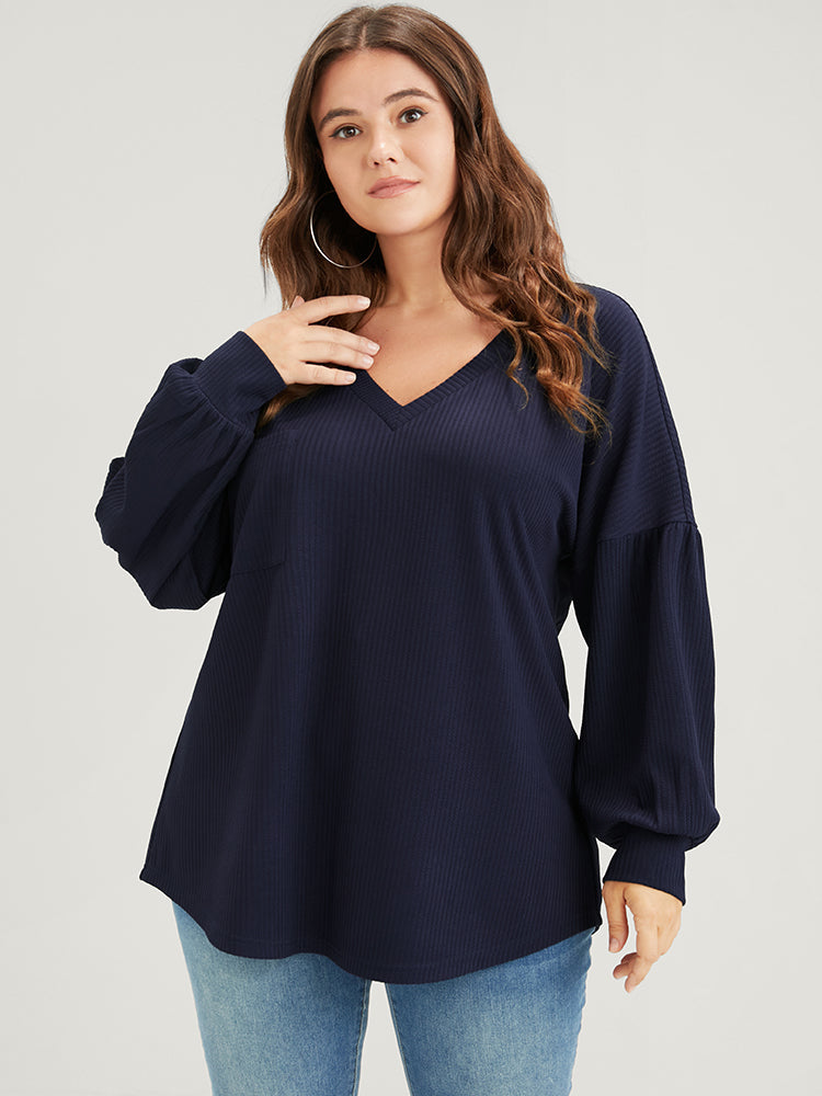 Solid Drop Shoulder Pocket Arc Hem Rib Knit Sweatshirt