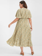 Ditsy Floral Ruffles Ties Split V Neck Dress