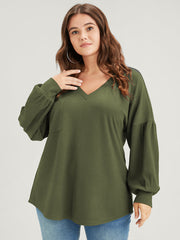 Solid Drop Shoulder Pocket Arc Hem Rib Knit Sweatshirt