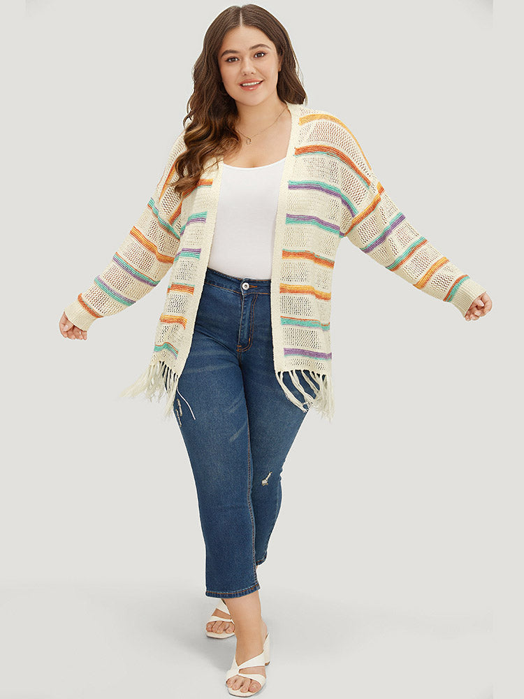 Rainbow Striped Fringe Trim Open Front Cardigan