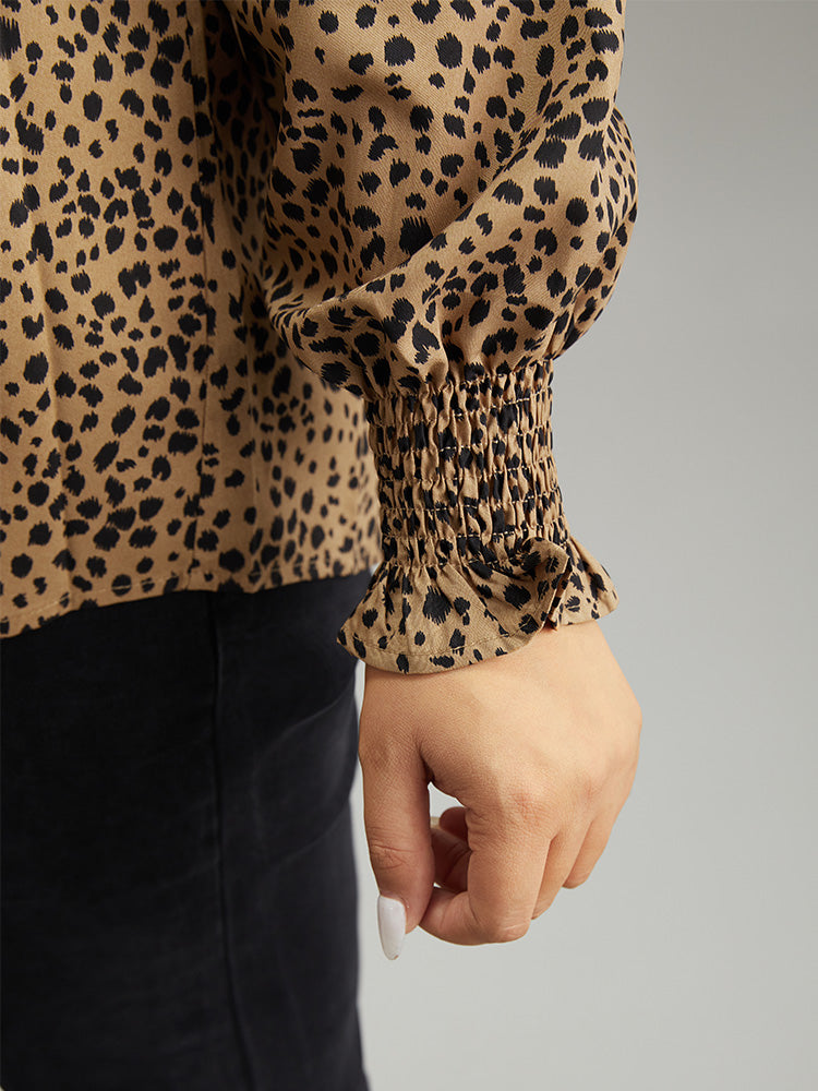 Leopard Shirred Notched Lantern Sleeve Blouse