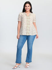 Floral Print Shirred Cuff Sleeve Contrast Blouse
