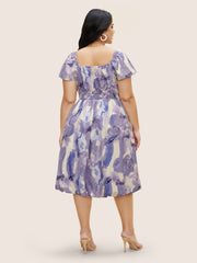 Watercolor Floral Bubble Hem Pockets Dress