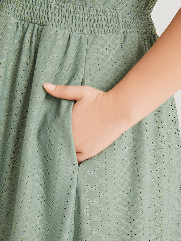 Geometric Eyelet Pocket Button Detail Shirred Dress