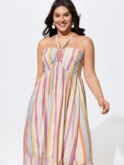 Colorful Striped Print Shirred Pockets Maxi Dress