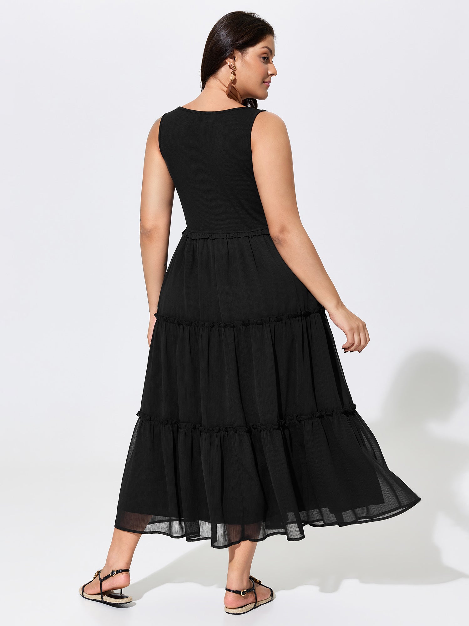 Bust-Friendly Classic Ruffled Tiered Flowy Midi Dress
