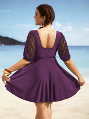 Crochet Lace Mesh Texture Ruched Swim Dress
