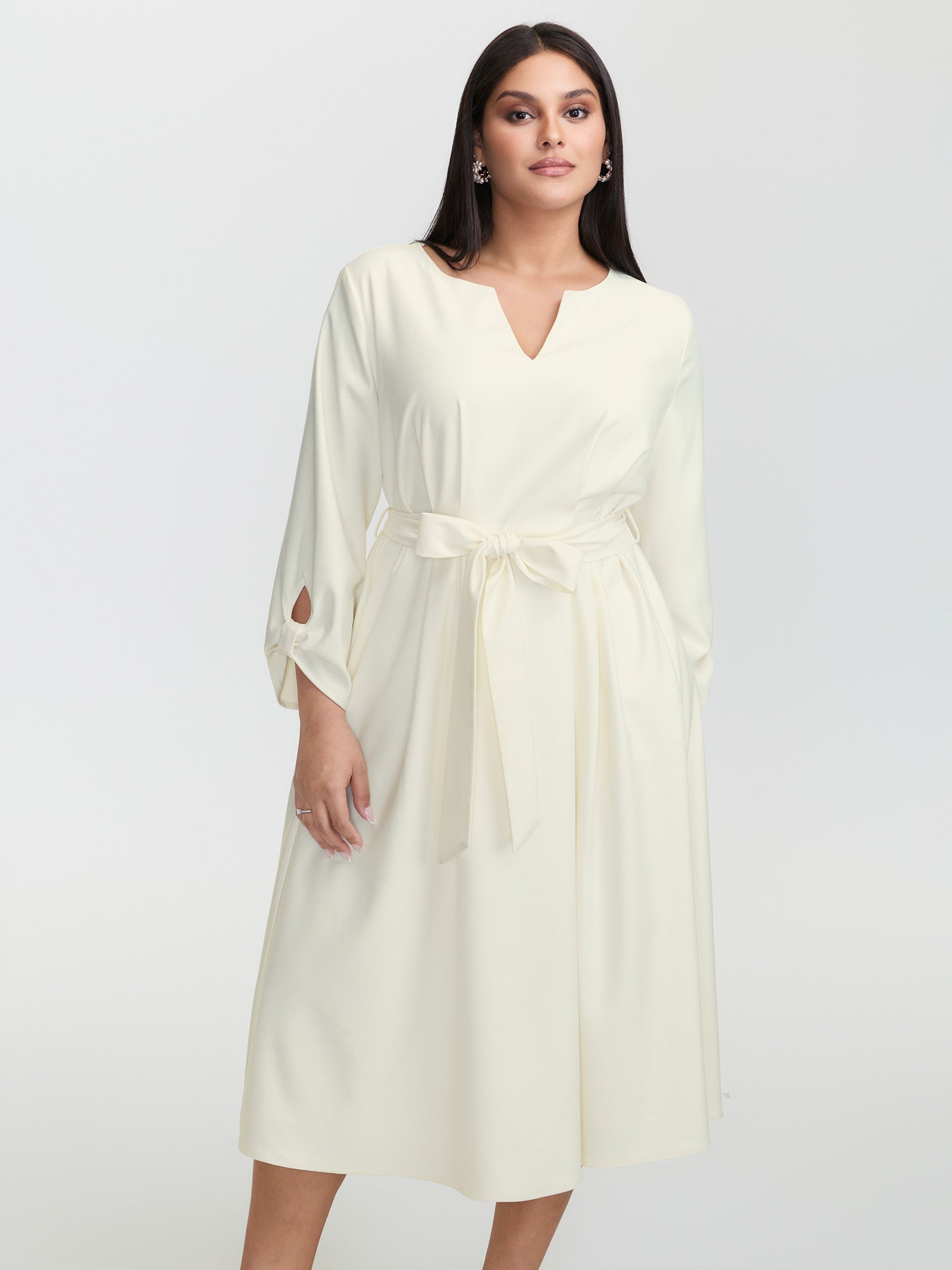 Pleated Split Neck Waist-Tie Maxi Dress