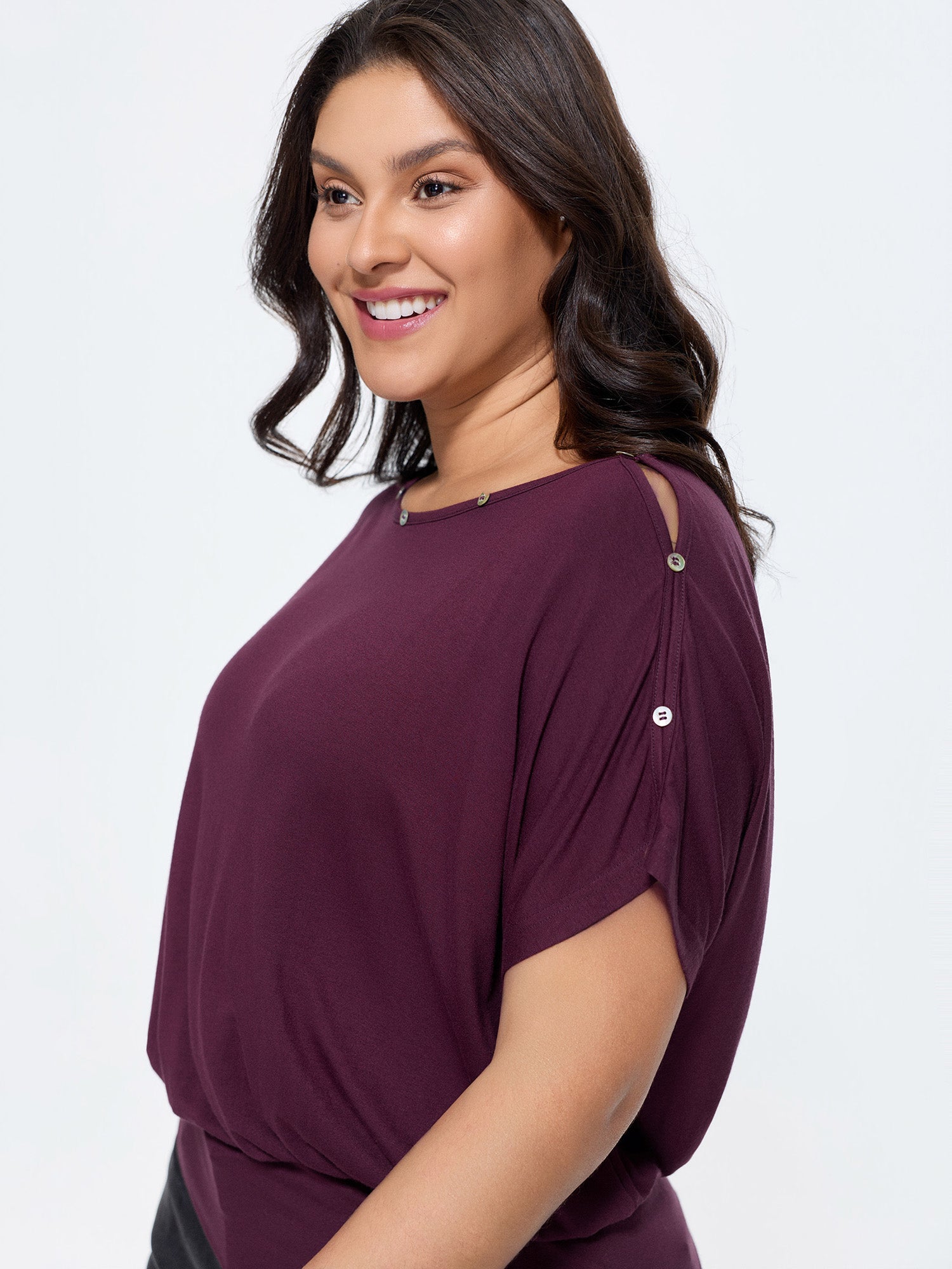 Supersoft Stretchy Button Off-Shoulder Plain T-Shirt