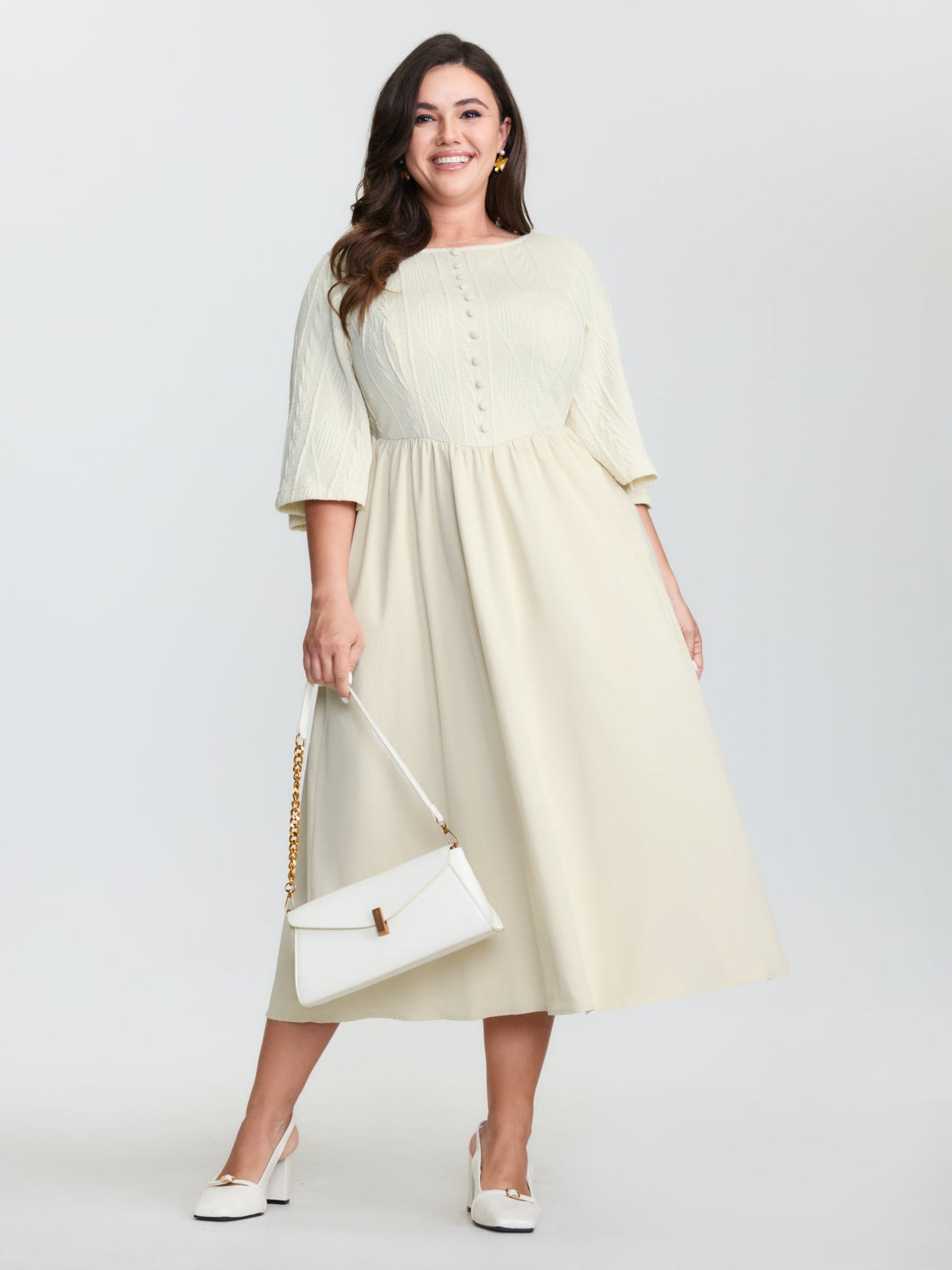 Textured Button Detail Flowy Midi Dress