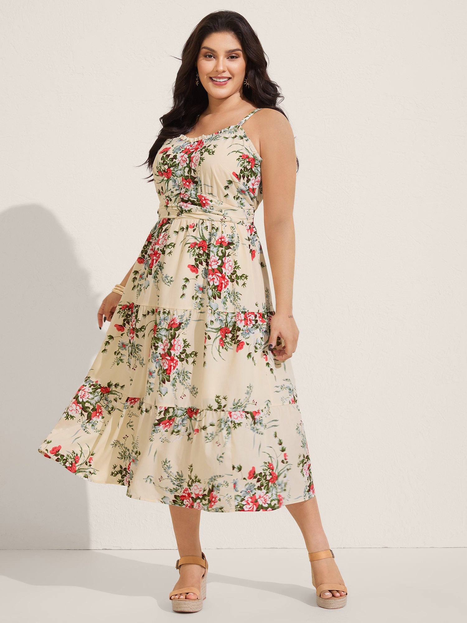 Floral Pleated Waist Pockets Midi Dress