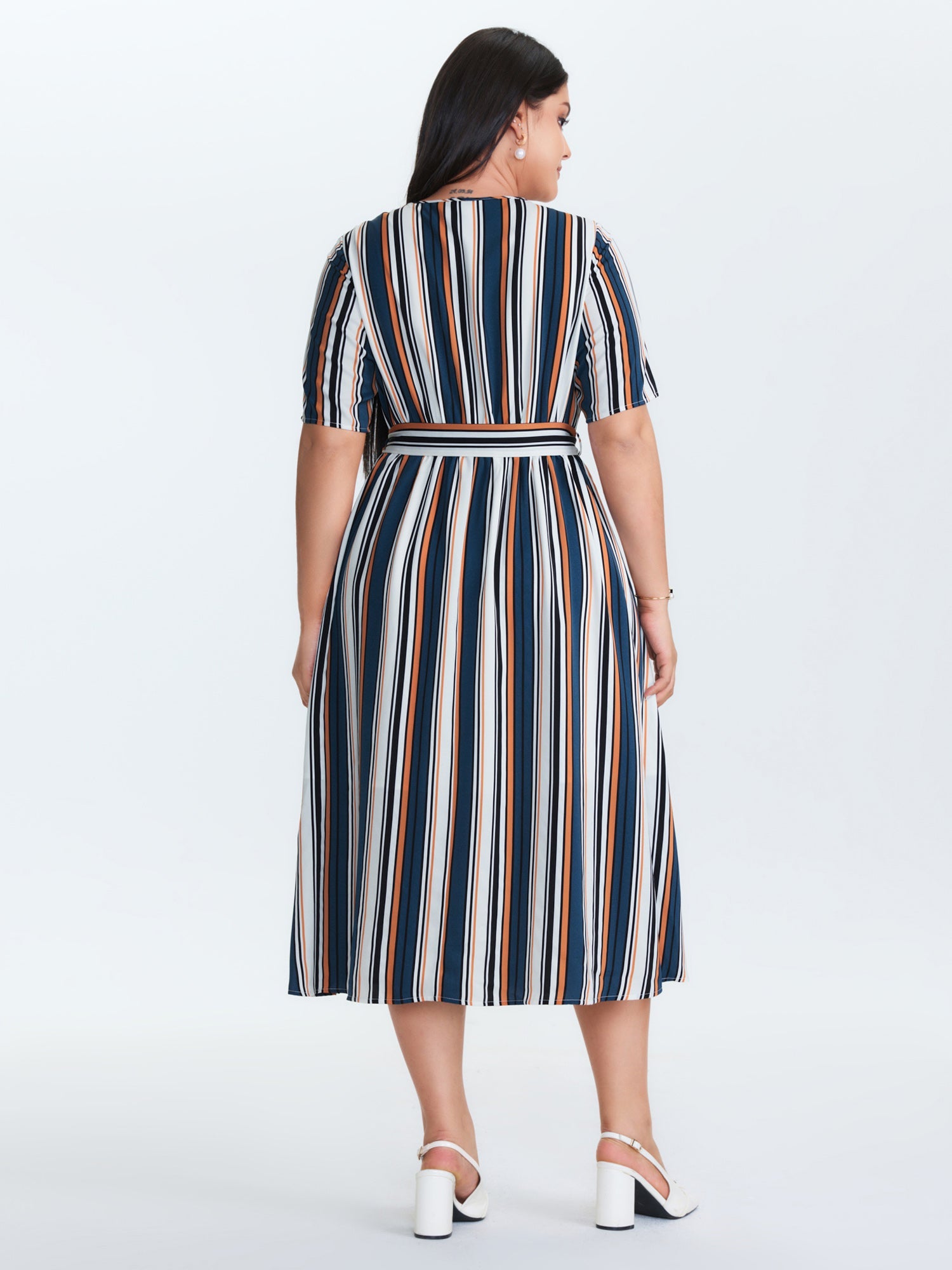 Striped Waist-Tie Pockets Midi Dress