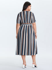 Striped Waist-Tie Pockets Midi Dress