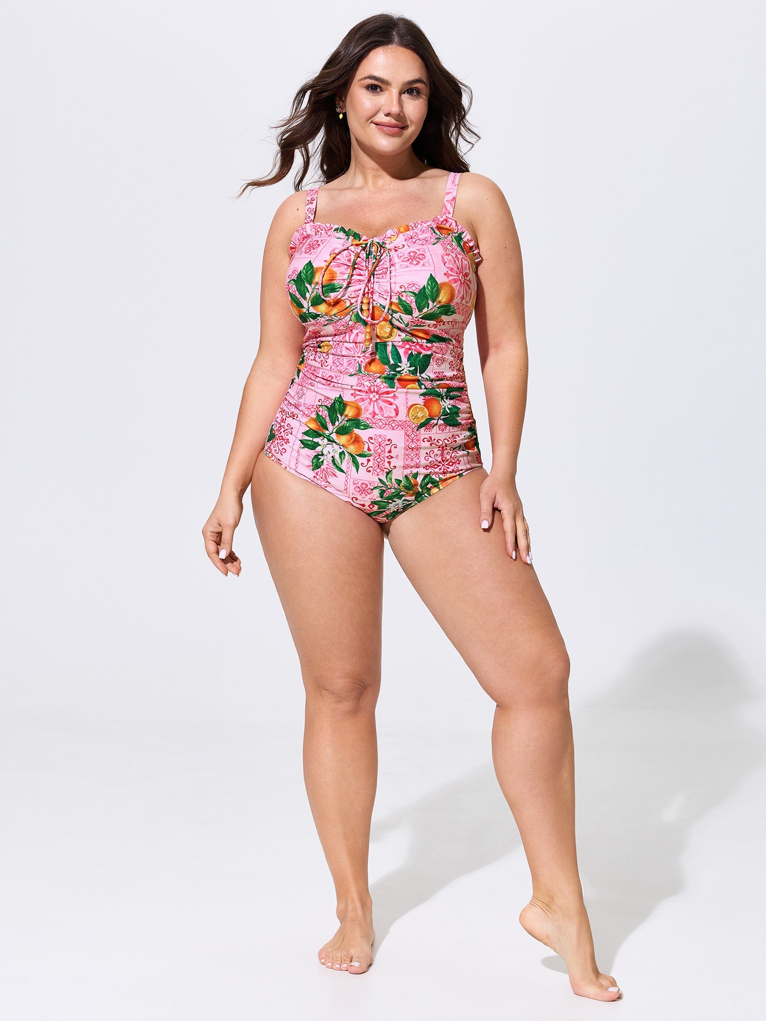 Citrus Tile Print Ruched One-Piece Swim