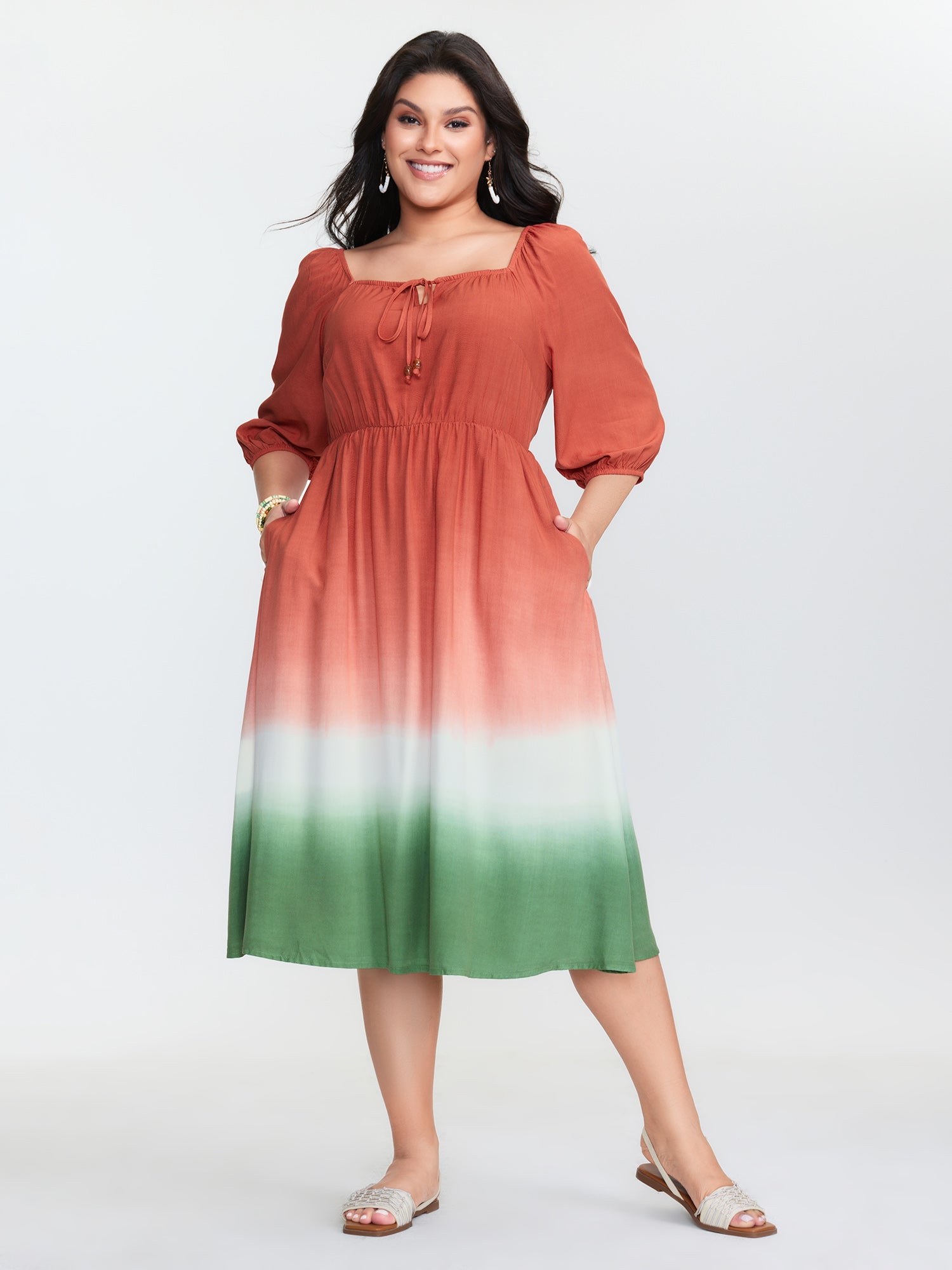 Dip Dyed Drawstring Neck Midi Dress