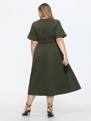 Classic Notched Collar Shirred Midi Dress