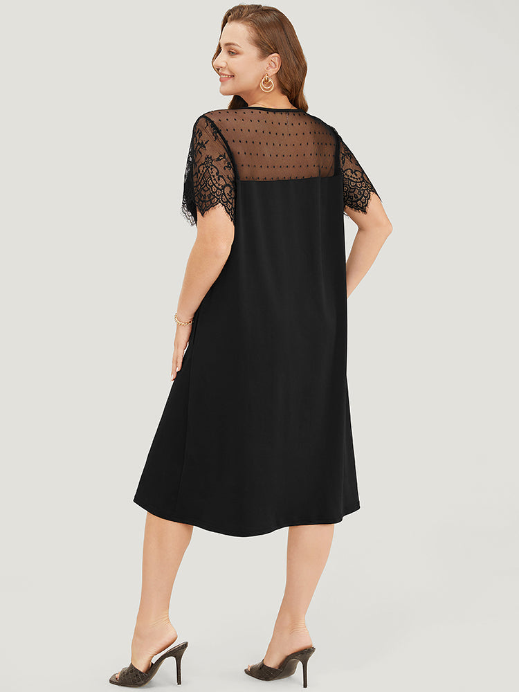 Plain Pocket Lace Mesh Patchwork Dress