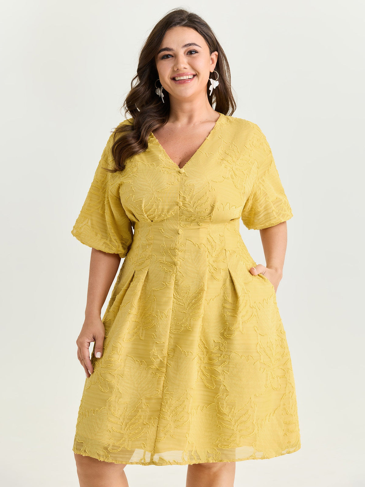 Textured Cinched-Waist V-Neck Mini Dress
