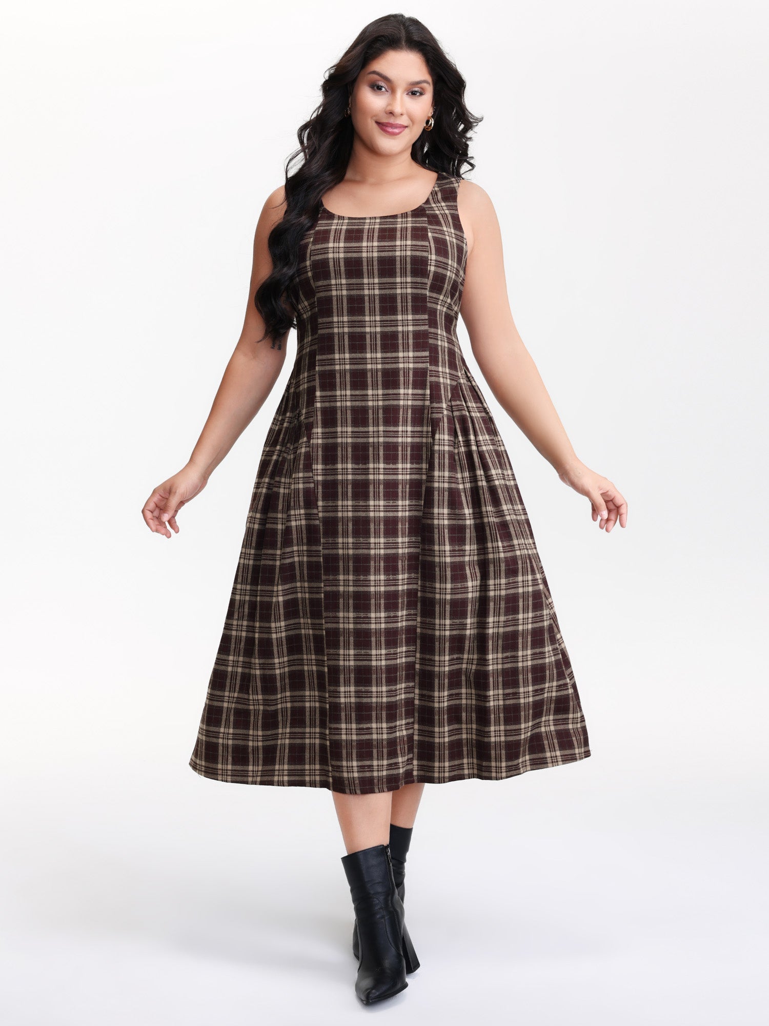 Retro Plaid Drop Waist Tie Midi Dress