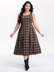 Retro Plaid Drop Waist Tie Midi Dress