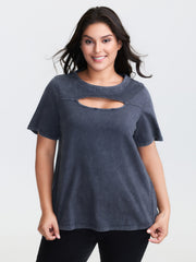 Cotton Vintage Wash Neck Cut-Out T-Shirt