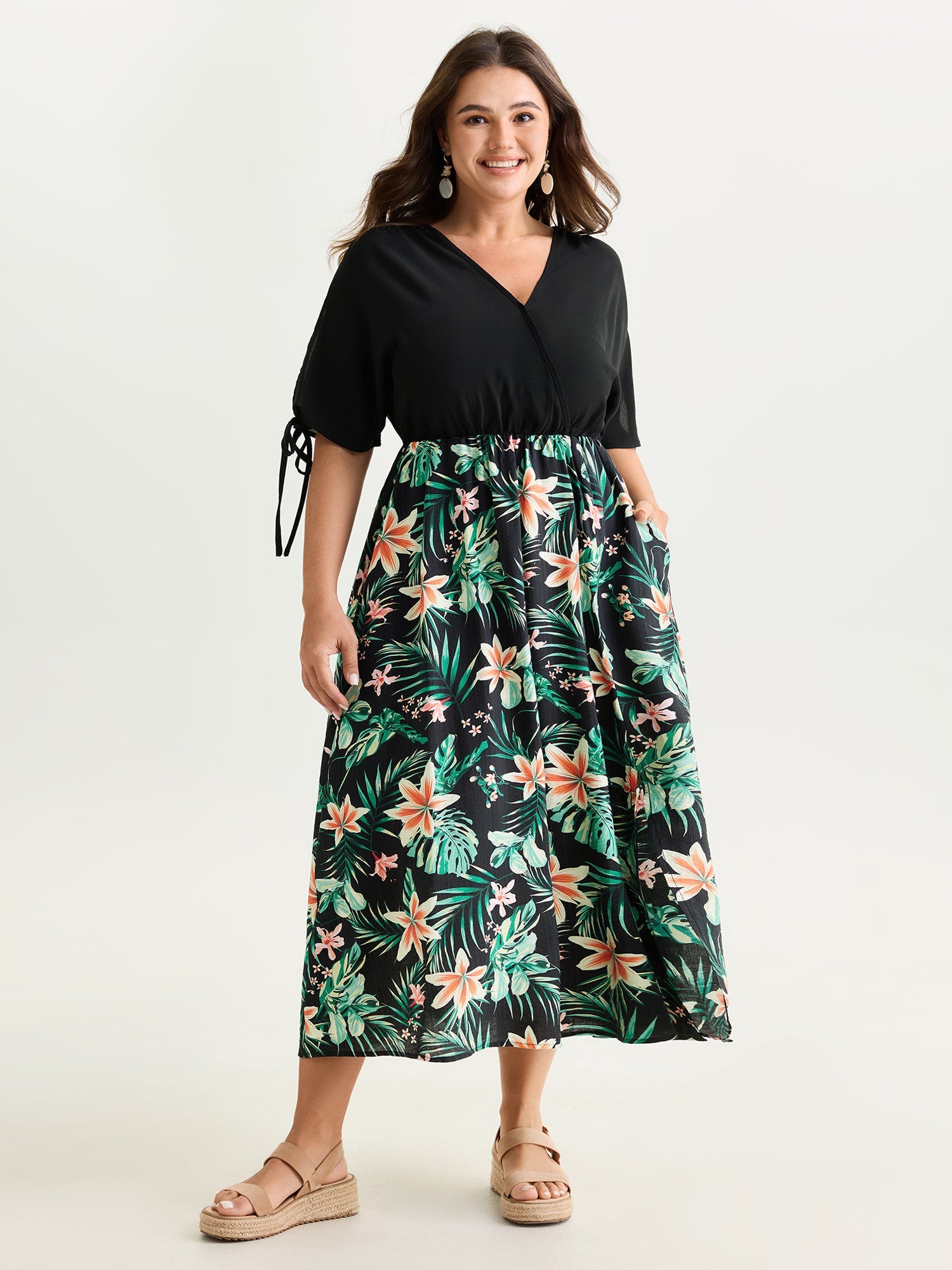 Tropical Floral Print Sleeve Tie Midi Dress
