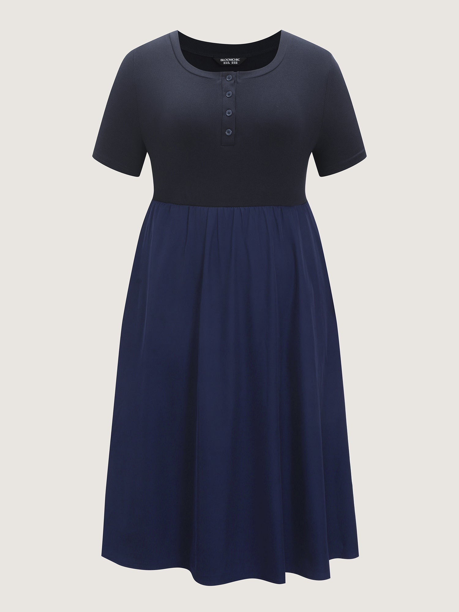 Half Button Placket Round Neck Midi Dress